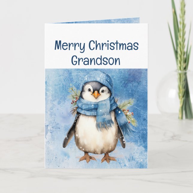 Cute Penguin Fun Animal Grandson Kids Christmas Card (Front)