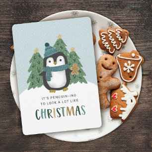 Cute Penguin Funny Penguin-ing Christmas  Holiday Card