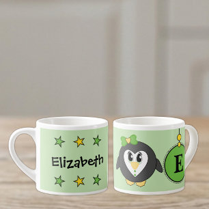 Cute penguin green yellow with stars child's espresso cup