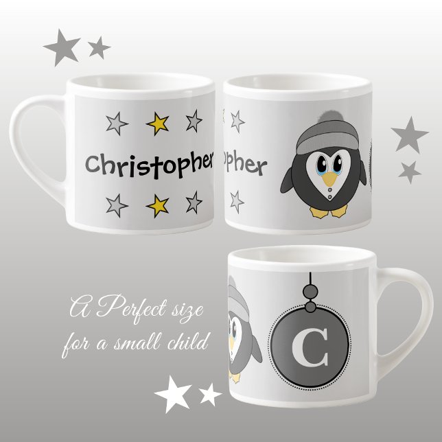 Cute penguin grey yellow with stars child's espresso cup (Creator Uploaded)
