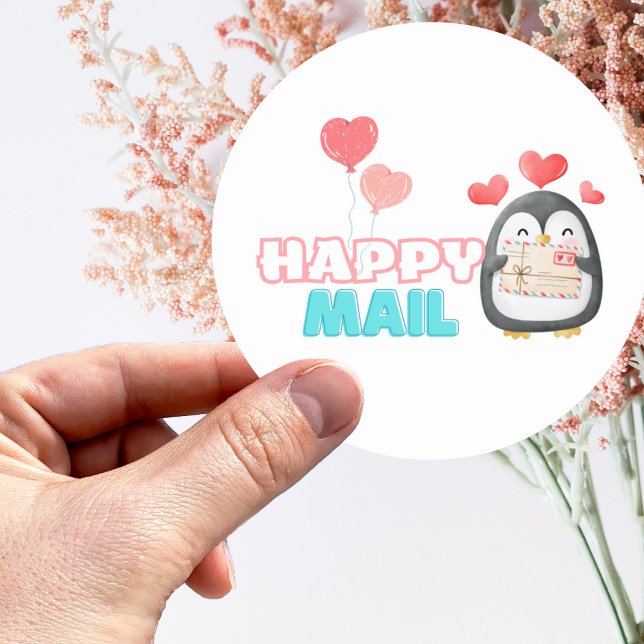 Cute Penguin Happy Mail Round Sticker with Heart (Creator Uploaded)
