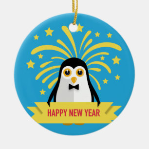Cute Penguin Happy New Year with Fireworks Ceramic Tree Decoration