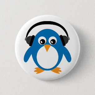 Cute Penguin & Headphones Customisable White 6 Cm Round Badge