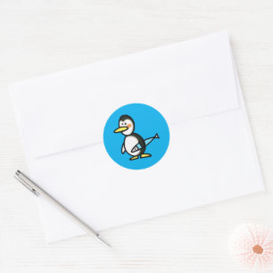 Cute Penguin Holding a Blue Fish Classic Round Sticker