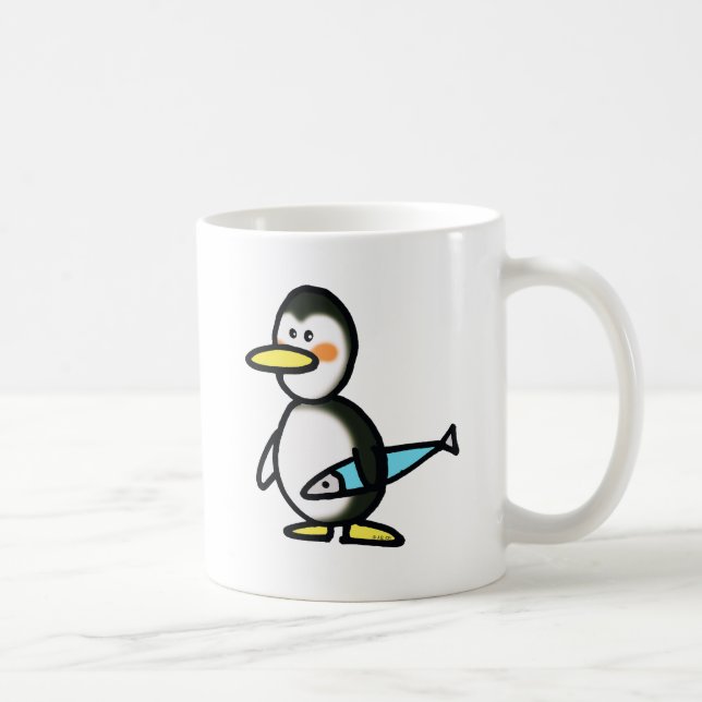 Cute Penguin Holding a Blue Fish Coffee Mug (Right)
