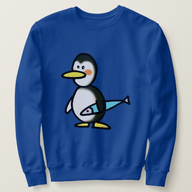 Cute Penguin Holding a Blue Fish Sweatshirt (Design Front)