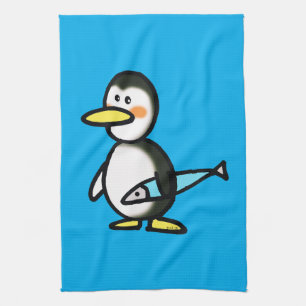 Cute Penguin Holding a Blue Fish Tea Towel