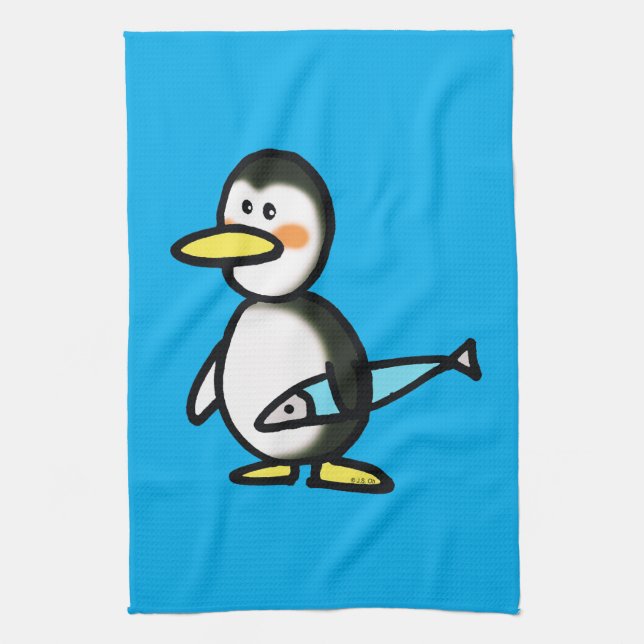 Cute Penguin Holding a Blue Fish Tea Towel (Vertical)