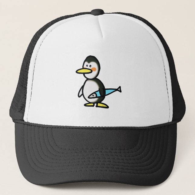 Cute Penguin Holding a Blue Fish Trucker Hat (Front)
