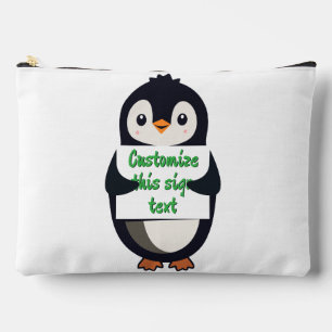 Cute penguin holding a sign for personalized text accessory pouch