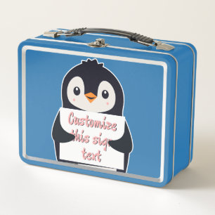 Cute penguin holding a sign for personalized text metal lunch box