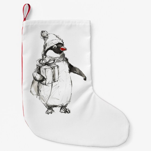Cute Penguin Holding Gift Small Christmas Stocking (Front)