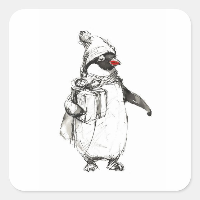 Cute Penguin Holding Gift Square Sticker (Front)