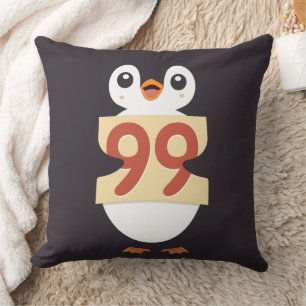 Cute penguin holding sign with the number 99 on it cushion