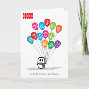 Cute Penguin Holds Colourful Balloons Birthday Car Card
