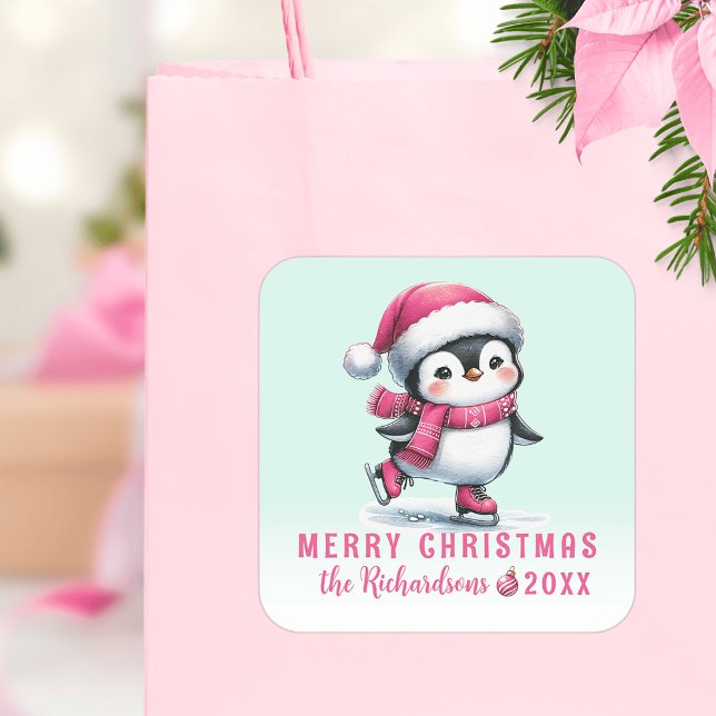 Cute Penguin Ice Skater Mint and Pink Christmas Square Sticker (Creator Uploaded)