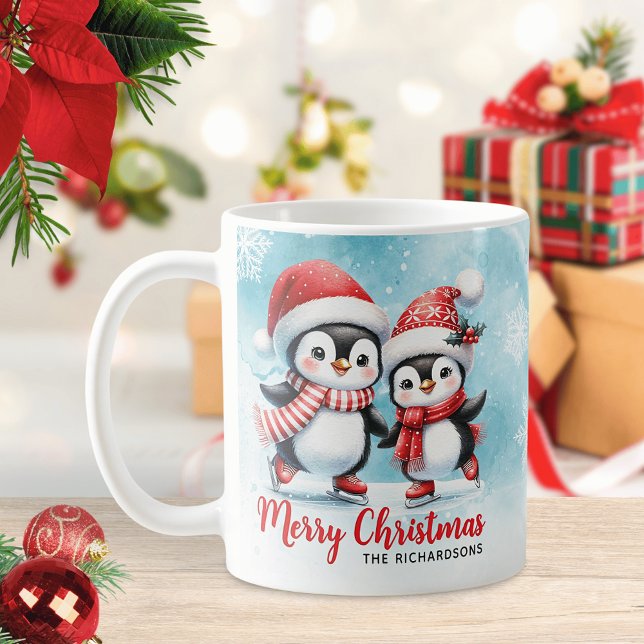 Cute Penguin Ice Skaters Red and Blue Christmas Coffee Mug (Creator Uploaded)