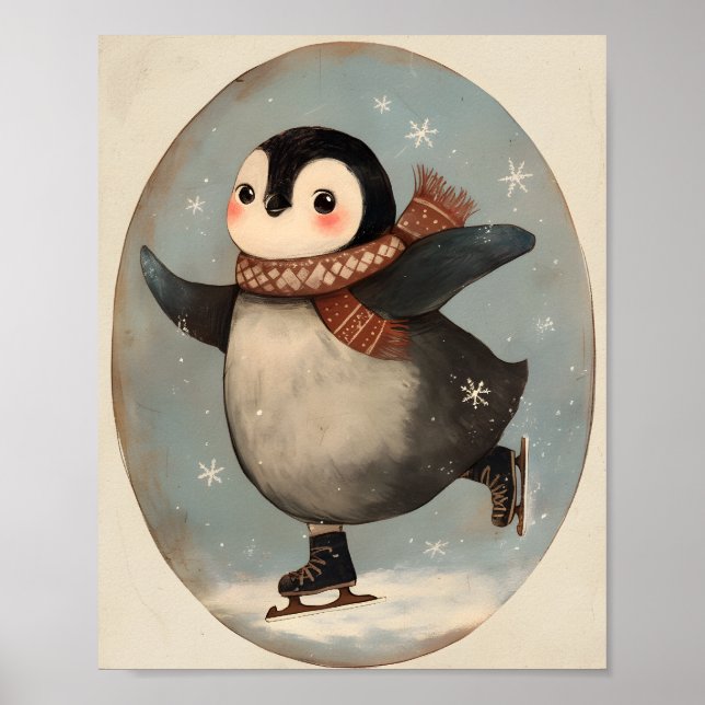 Cute Penguin Ice Skating | Nursery wall Art (Front)