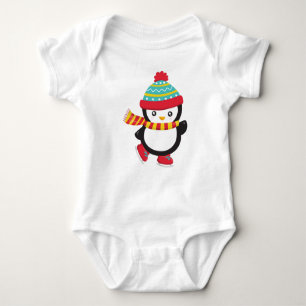 Cute Penguin, Ice Skating Penguin, Hat, Scarf Baby Bodysuit