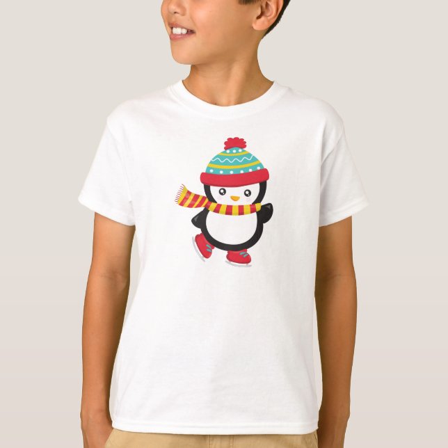 Cute Penguin, Ice Skating Penguin, Hat, Scarf T-Shirt (Front)