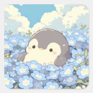 Cute Penguin in Blue Flower Meadow Square Sticker