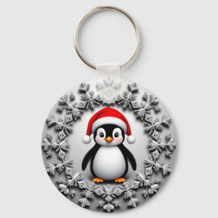 Cute Penguin in Christmas Hat Festive Snowflakes Key Ring