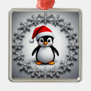 Cute Penguin in Christmas Hat Festive Snowflakes Metal Tree Decoration