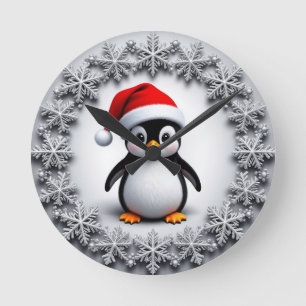 Cute Penguin in Christmas Hat Festive Snowflakes Round Clock