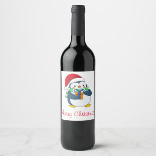 Cute Penguin in Christmas Hat with Gift Wine Label