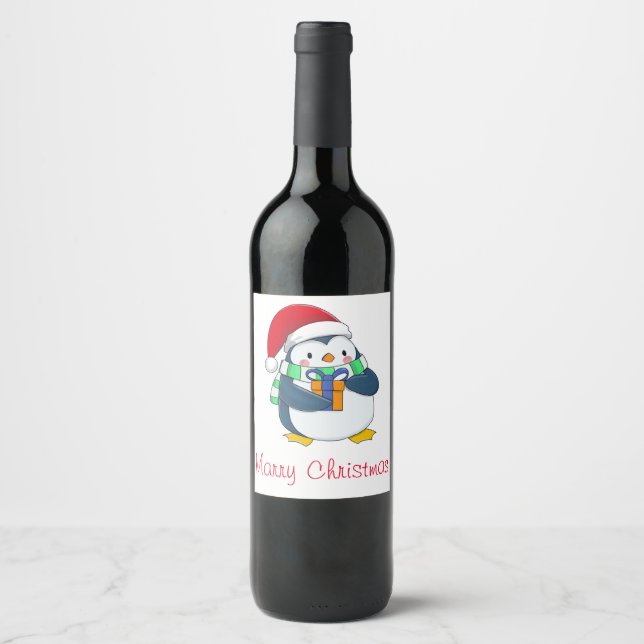 Cute Penguin in Christmas Hat with Gift Wine Label (Front)