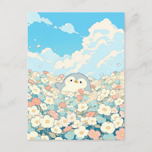 Cute Penguin in Colorful Flower Meadow Postcard