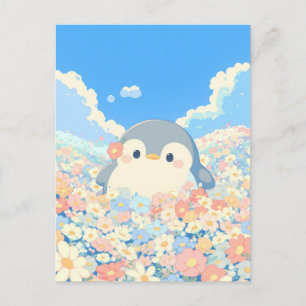 Cute Penguin in Colourful Spring Meadow Postcard