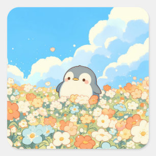 Cute Penguin in Colourful Wildflower Meadow Square Sticker