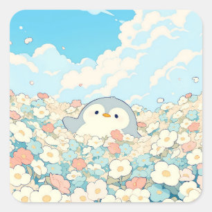 Cute Penguin in Colourful Wildflower Meadow Square Sticker