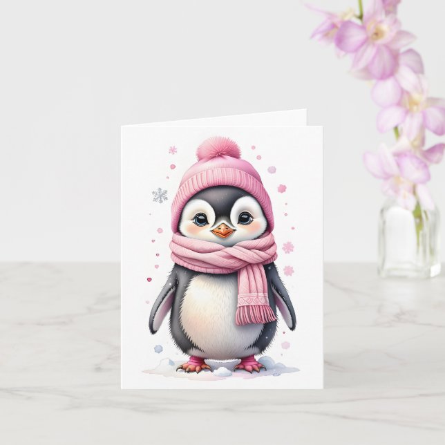 Cute Penguin in Pink Hat and Scarf Blank Christmas Card (Orchid)