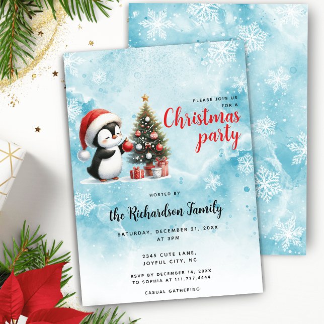 Cute Penguin in Santa Hat Blue Christmas Invitation (Creator Uploaded)