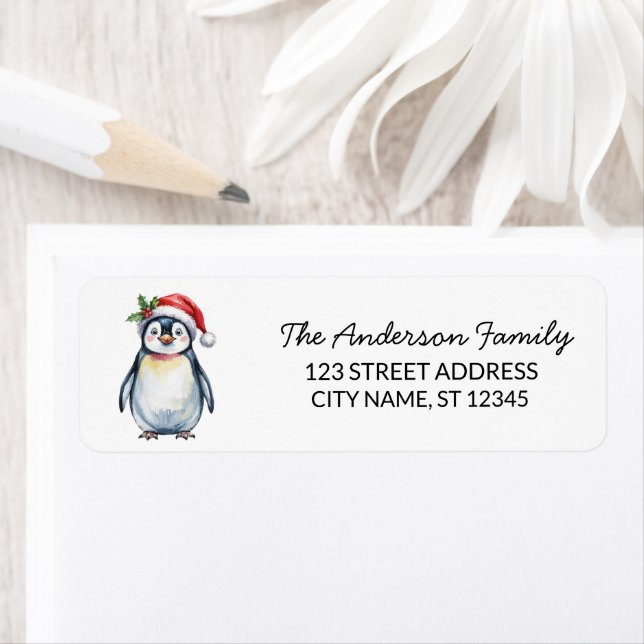 Cute Penguin in Santa Hat Christmas Return Address (Insitu)