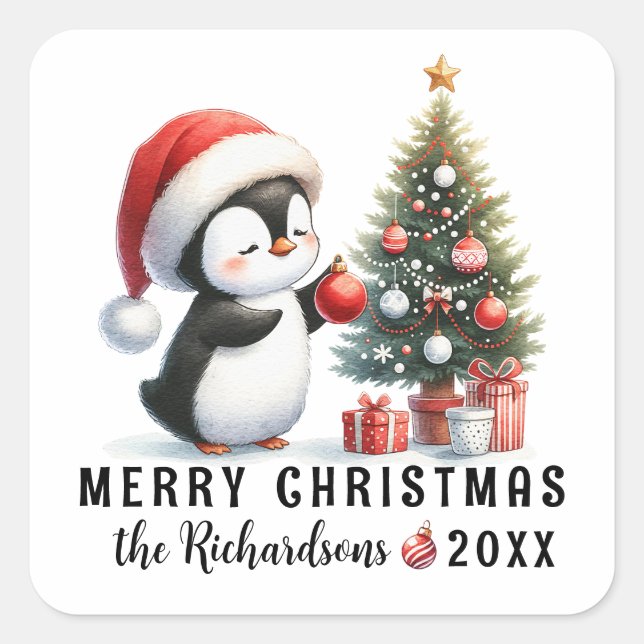 Cute Penguin in Santa Hat Custom Merry Christmas Square Sticker (Front)