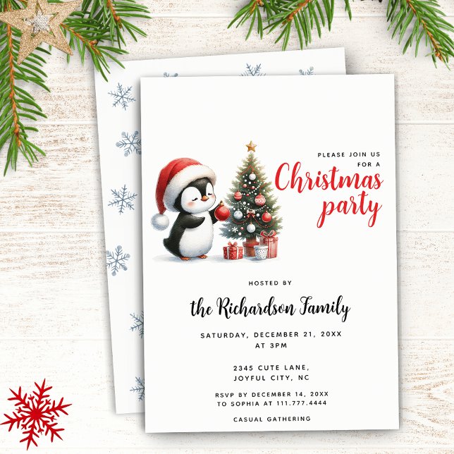 Cute Penguin in Santa Hat Modern Christmas Invitation (Creator Uploaded)