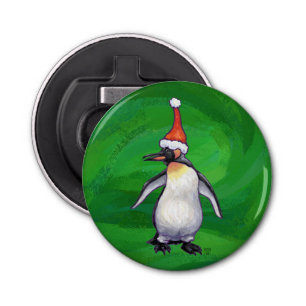 Cute Penguin in Santa Hat on Green Bottle Opener