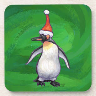 Cute Penguin in Santa Hat on Green Coaster