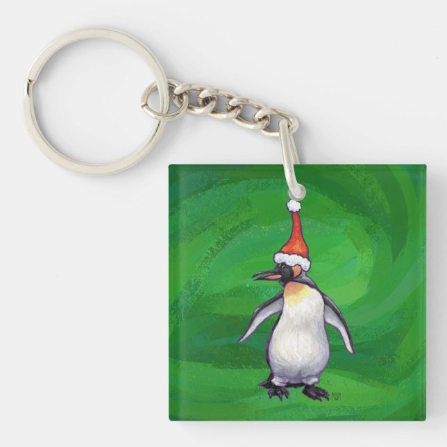 Cute Penguin in Santa Hat on Green Key Ring (Front)