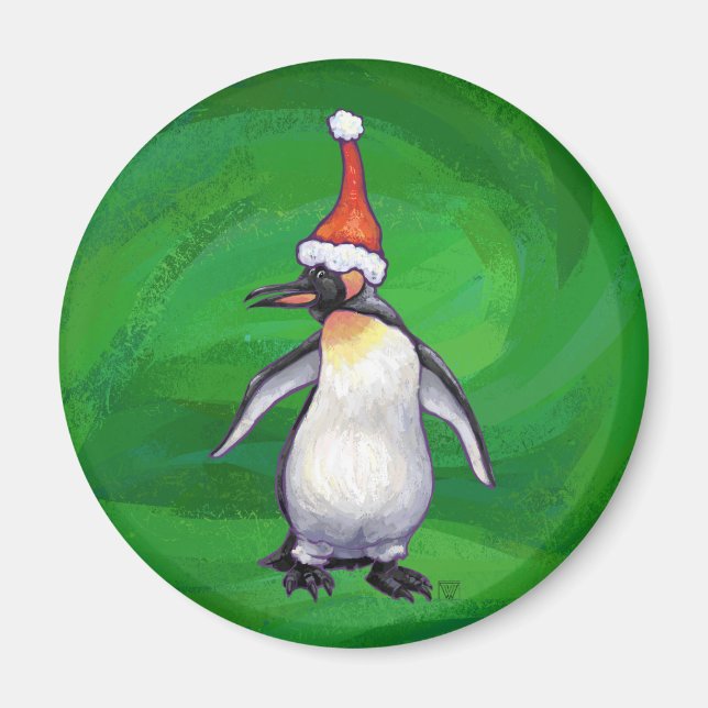Cute Penguin in Santa Hat on Green Magnet (Front)