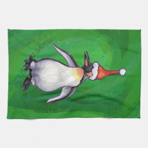 Cute Penguin in Santa Hat on Green Tea Towel