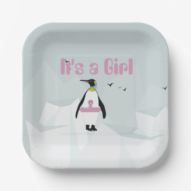 Cute Penguin "It's a Girl" baby shower Paper Plate (Front)