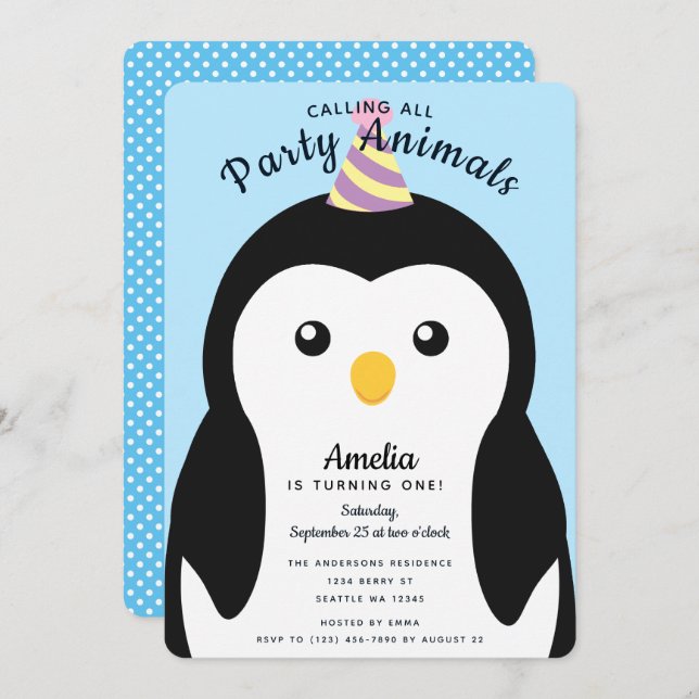Cute Penguin Kids First Birthday Invitation (Front/Back)