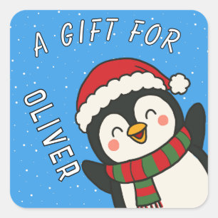 Cute Penguin Kids Name Christmas Gift Square Sticker