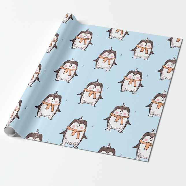 CUTE PENGUIN LIGHT BLUE WRAPPING PAPER (Unrolled)