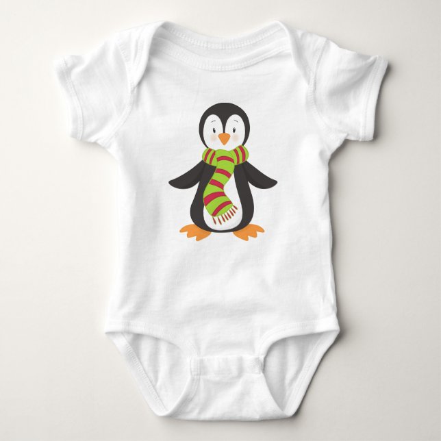 Cute Penguin, Little Penguin, Penguin With Scarf Baby Bodysuit (Front)