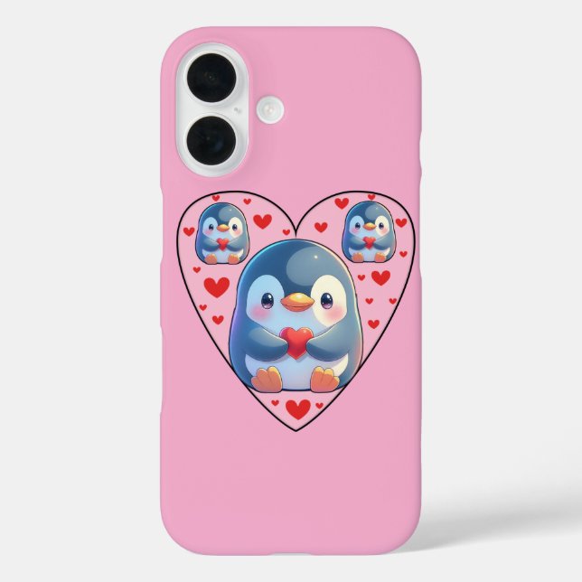 Cute Penguin Love Heart iPhone 16 Case (Back)